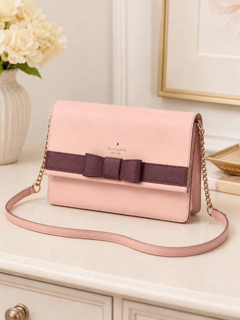 Kate Spade Pink Leather Crossbody Bag Bow Detail Chain Strap NWT
